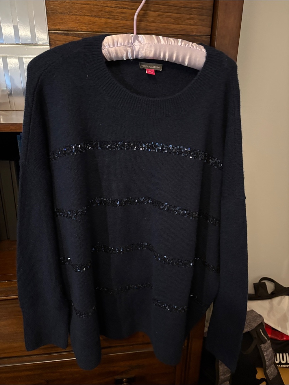Vince Camuto Navy Sequin Stripe Crewneck Sweater
